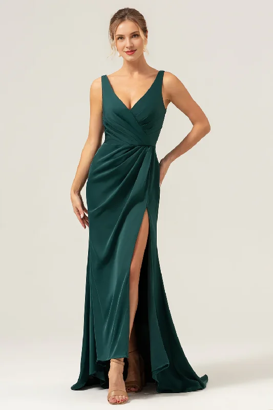 Women's Transitional Outfit Exclusive Sale Deep green fish tail V-neck pleated high-low slit satin bridesmaid dress