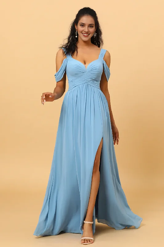 Women's Professional Outfit Fashion Deal Steel blue A-line V-neck off shoulder chiffon bridesmaid dress