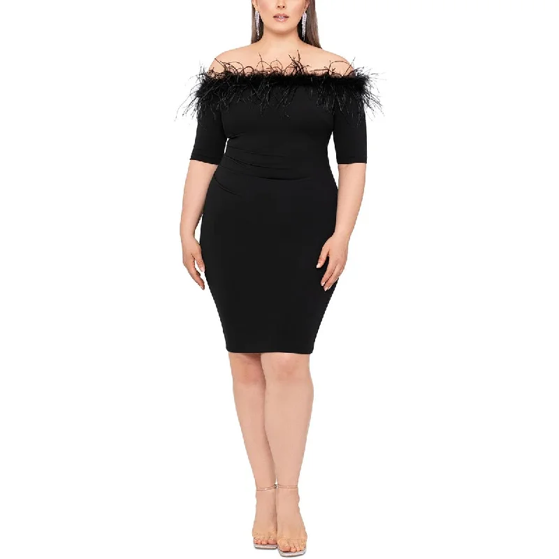 Plus-Size Women's Garments Wardrobe Upgrade Xscape Womens Plus Embellished Knee Length Bodycon Dress