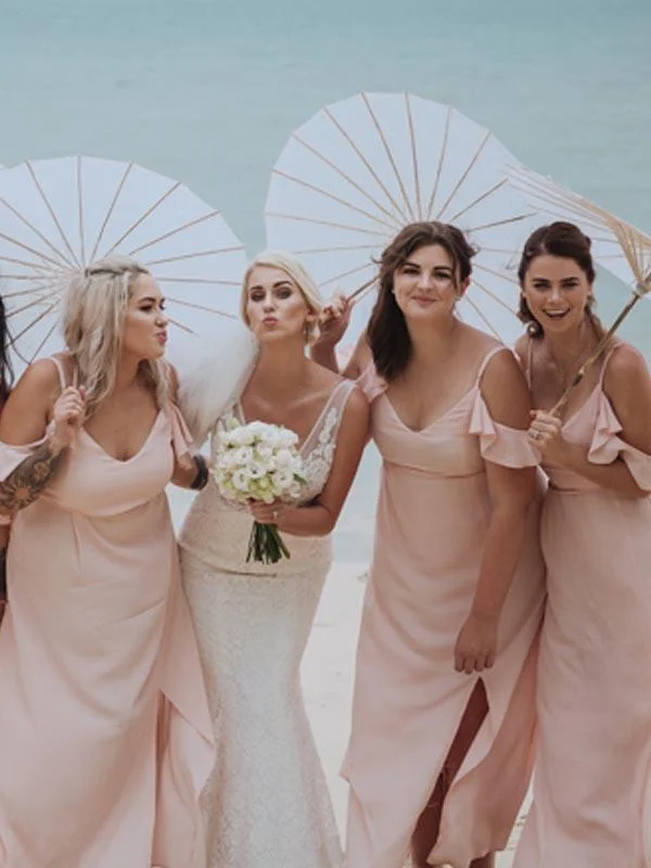 Women's Professional Apparel Day-To-Night Styles Blush Pink Chiffon Side Slit Beach Wedding Bridesmaid Dresses