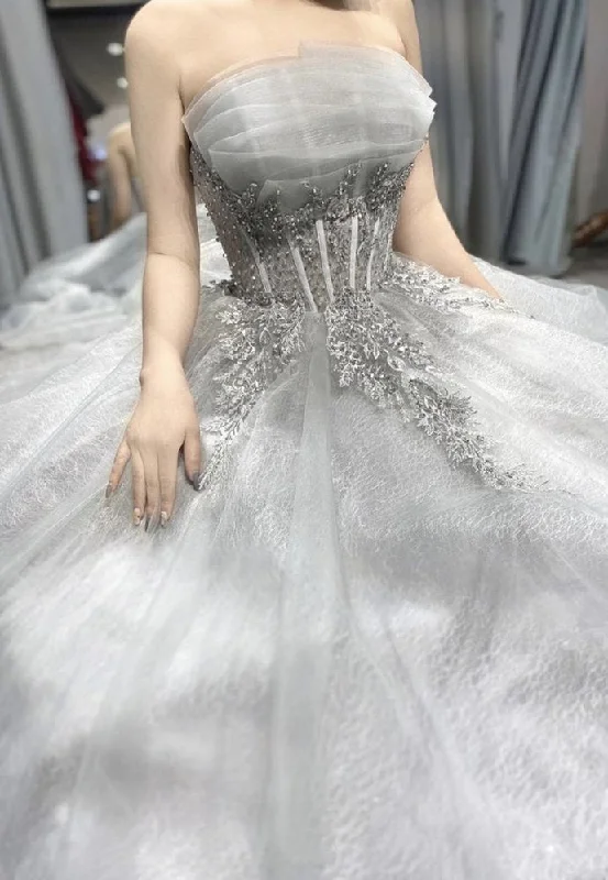 Stylish Women's Outfit Special Occasion Wear Grey tulle lace long ball gown prom  dress formal dress   cg15038