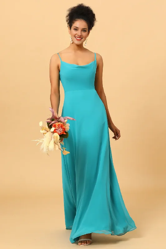 Affordable Women's Outfit Exclusive Discount Jade colored thin shoulder strap long chiffon bridesmaid dress