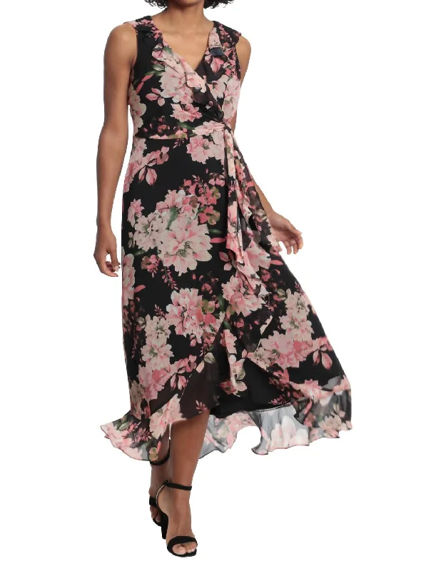 Women's Comfy Loungewear Outfit Exclusive Sale Floral Ruffled Chiffon Maxi Dress In Black/blush