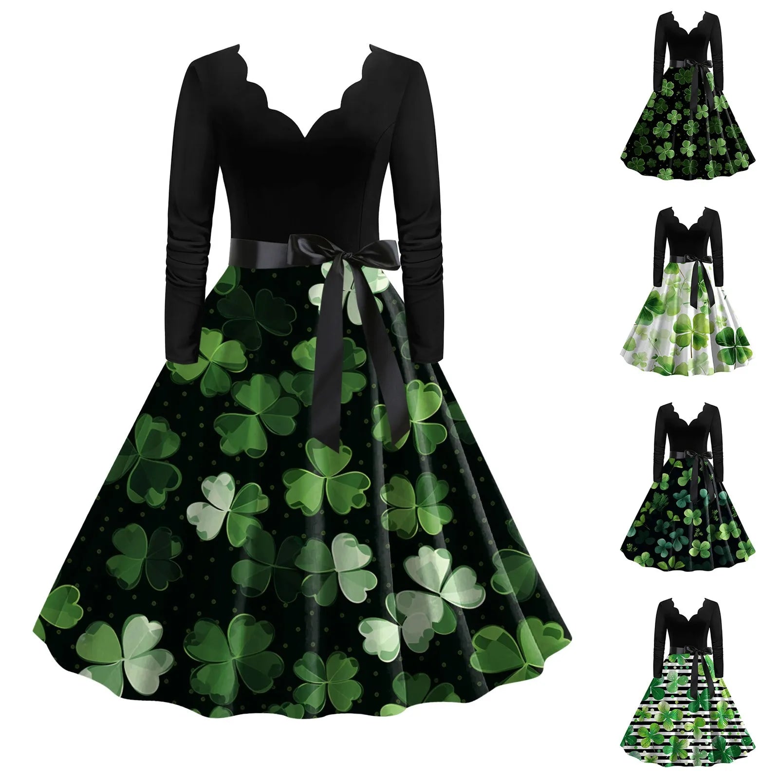 Women's Formal Event Clothing Discounts On Casual Weekend Styles JuliaFashion - St. Patrick's Day Party For Women 2024 New Belted V Neck Long Sleeve Four Leaf Straw Print Vintage Swing A Line Dress