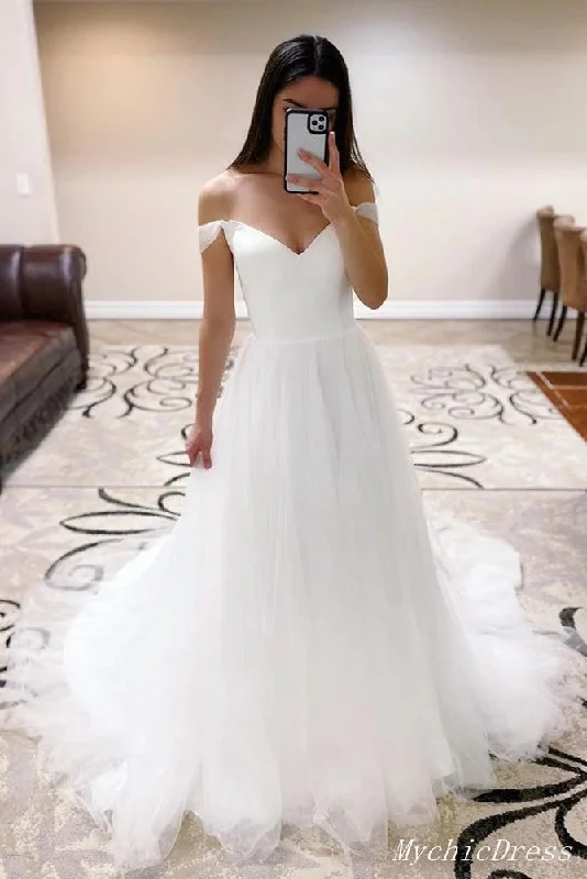 Women's Chic Outfit Hot Trends Simple White Tulle Wedding Dresses Beach Off the Shoulder Bridal Gown