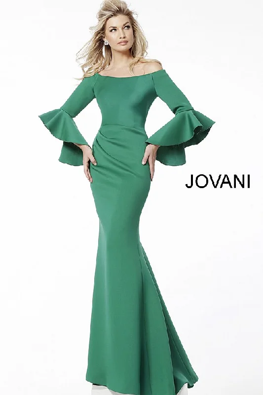 Women's Transitional Attire Special Occasion Wear Jovani 59993 Scuba Off the Shoulder Bell Sleeves Evening Dress Formal Long Sleeve