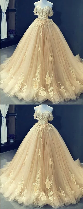 Stylish Women's Outerwear Apparel Special Offer champagne prom dresses tulle princess ball gown lace off shoulder   cg13527