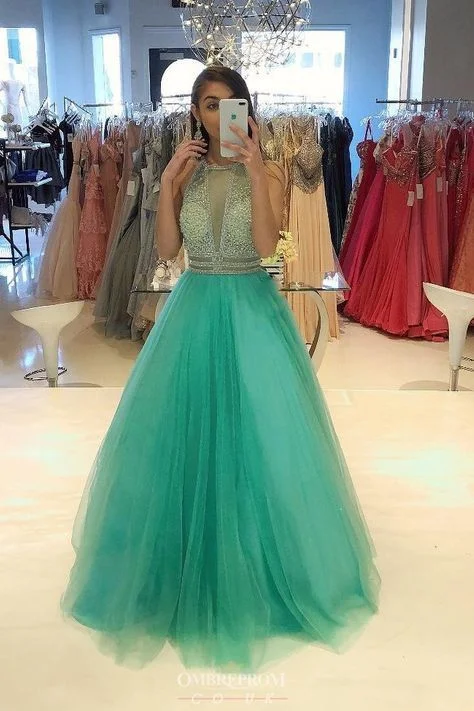 Women's Cozy Clothes Exclusive Sale Green A Line Beaded Prom Dress Tulle Floor Length Formal Evening Dresses See Through Long Party Gowns   cg13046