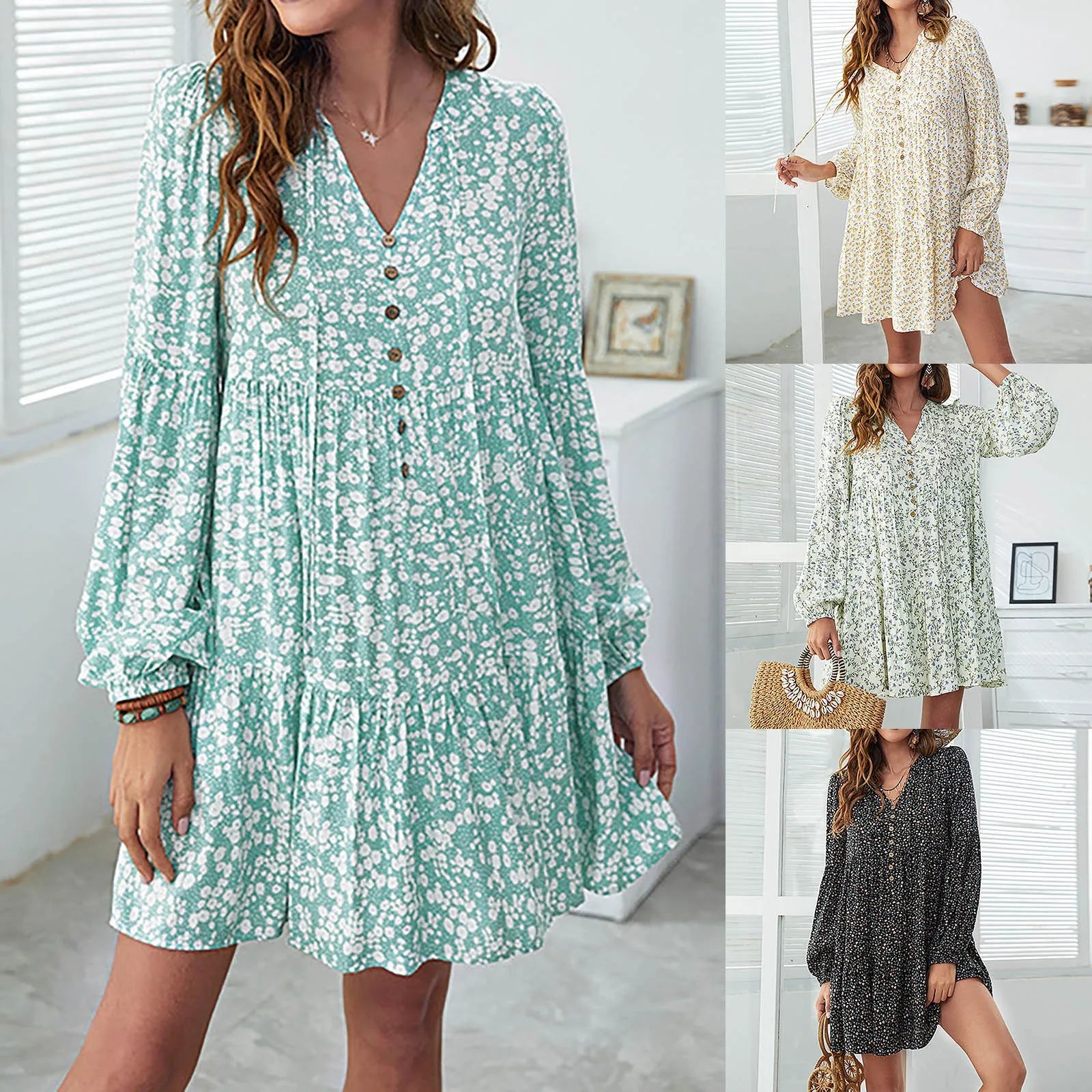 Women's Formal Event Outfit First Order Discount JuliaFashion - Casual 2024 New Women's Summer V Neck Long Sleeve Single Breasted Vintage Oversize Loose Mini Spring Summer Vestidos Dress