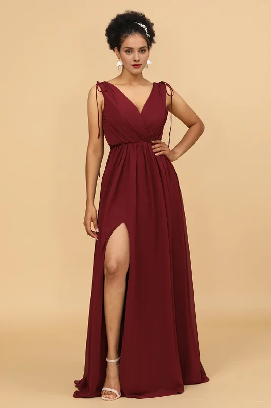 Women's Holiday Clothing Flash Deals Wine red V-neck pleated long chiffon bridesmaid dress