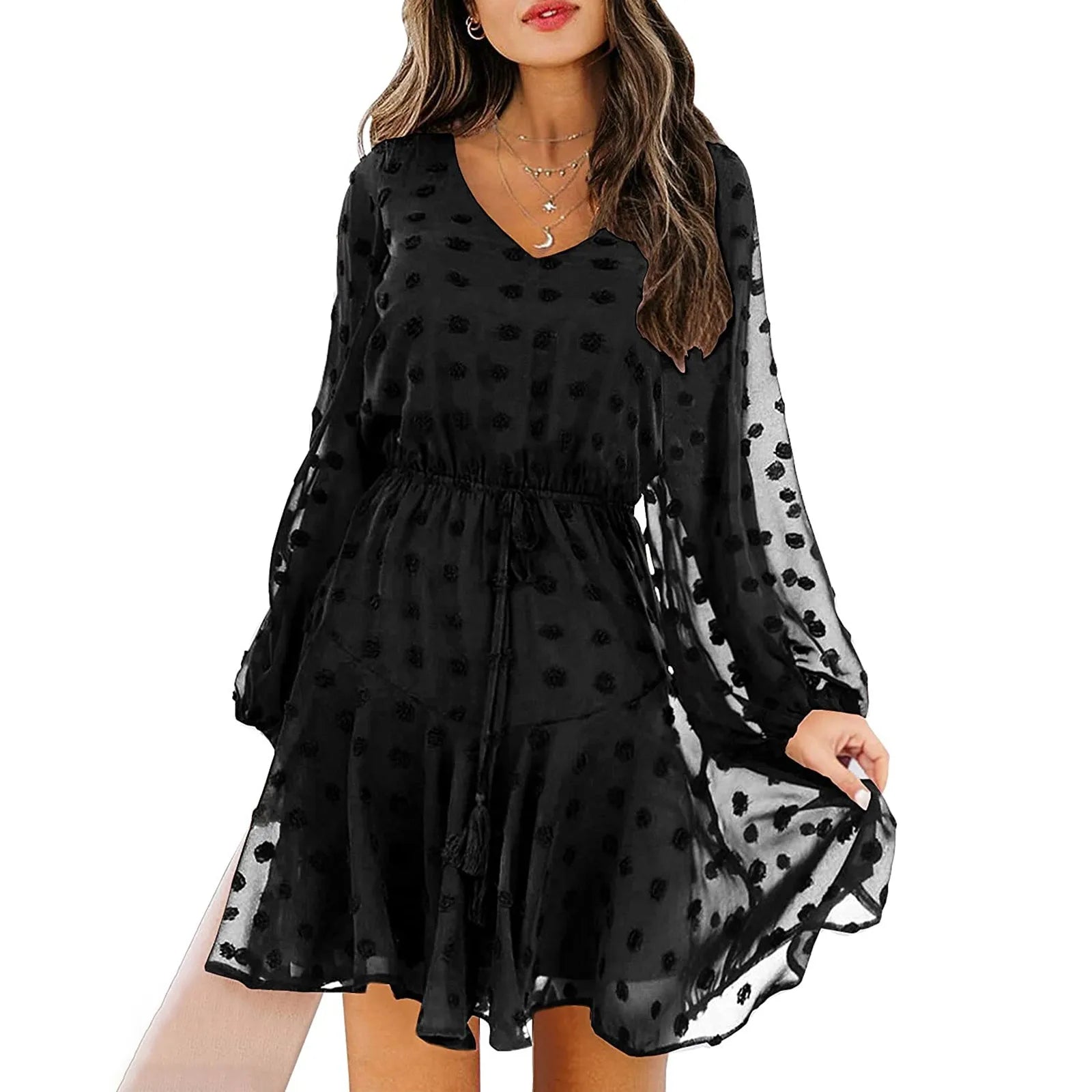 Comfortable Lounge Clothing Summer Fashion JuliaFashion - 2024 Spring Elegant Chiffon Women Casual Long Sleeve V Neck Dot Lace-Up Woman Fashion Mesh Ruffles Party Dress