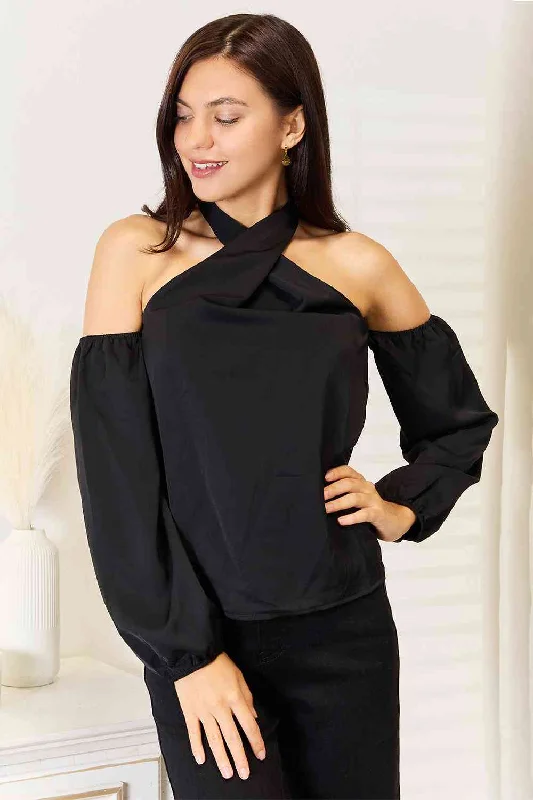 Women's Casual Outfit Limited Styles Double Take Grecian Cold Shoulder Long Sleeve Blouse