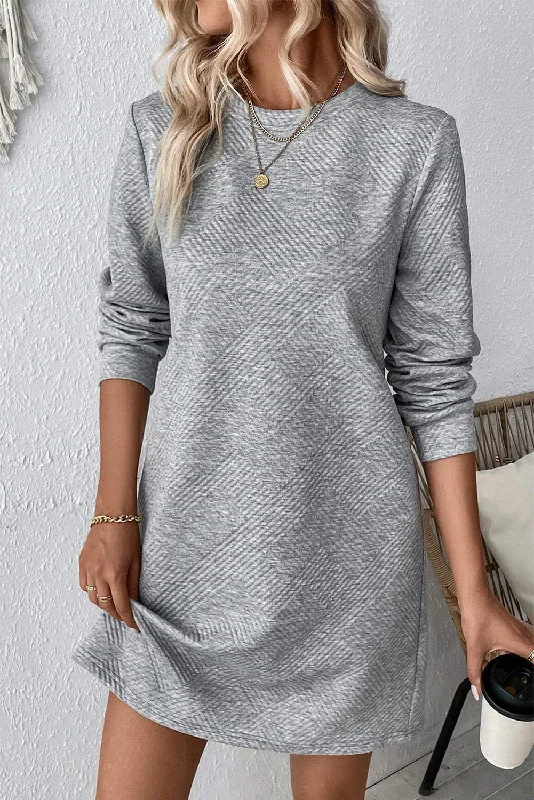 Vintage-Inspired Garments Style Upgrade Gray Solid Color Textured Long Sleeve Shift Short Dress