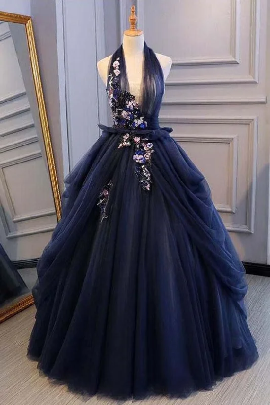 Comfortable Women's Attire Big Savings On Rustic Countryside Styles Ball Gown Blue Tulle Lace Long Prom Dresses Deep V Neck Backless Evening Dresses  cg1820