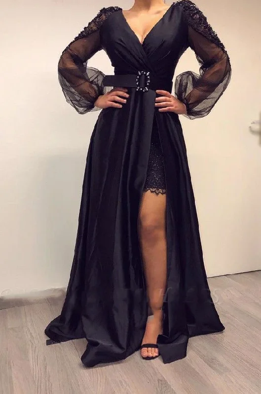 Women's Resort Apparel Summer Essentials black prom dresses 2021 long sleeve a line side slit pleats long sleeve long evening dresses gowns   cg13438