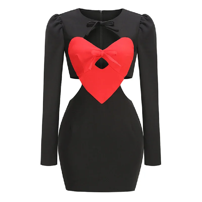 Women's Formal Event Clothing Cool Prices Rebellious Bow Tie Red Heart Cutout Puff Sleeve Bodycon Mini Party Dress