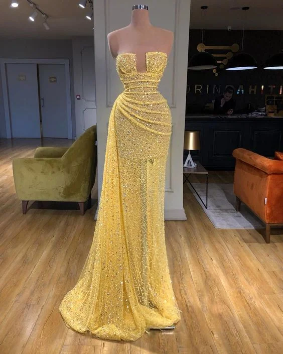 Women's Athletic Clothes Fashionista Favorites yellow evening dresses long high neck sparkly feather luxury bling evening gown formal prom dress   cg13191