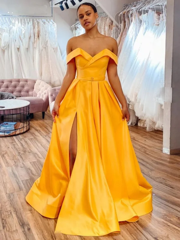 Women's Contemporary Clothing Seasonal Sale Off Shoulder Yellow Satin Long Prom Dresses with High Slit, Off the Shoulder Yellow Formal Dresses, Yellow Evening Dresses SP2554