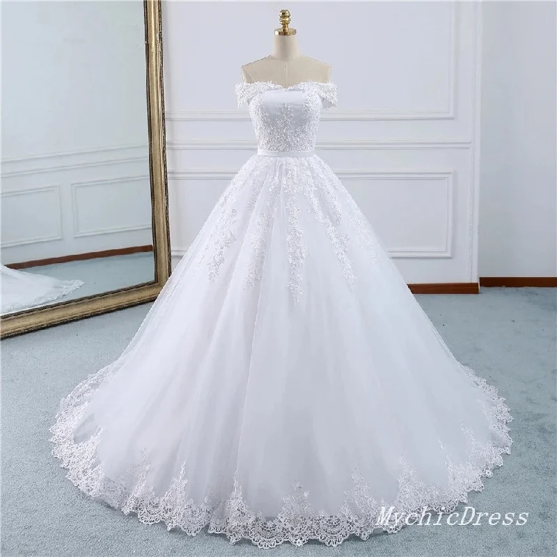 Fashionable Women's Clothes Buy More, Save More A Line Lace Appliques Beaded Boho Wedding Dresses Off the Shoulder