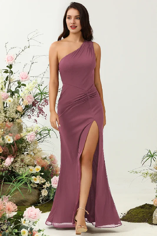 Women's Transitional Attire Wardrobe Update Desert Rose Tail One Shoulder Long Split Bridesmaid Dress