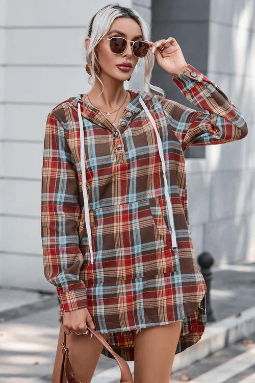 Women's Professional Attire Limited - Time Bundle Plaid Drawstring Long Sleeve Hooded Dress with Pocket