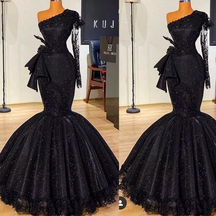 Women's Clothes And Apparel Sets Fashion Deal black prom dresses 2020 one shoulder long sleeve lace sequins sparkly bow mermaid long evening dresses gowns   cg13524