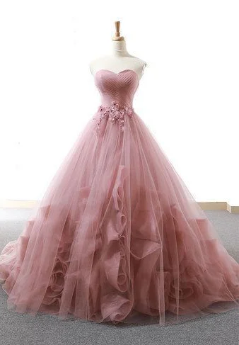 Women's Relaxed Clothes Chic Outfits Pink Sweetheart neck Tulle Long Prom Dresses, Pink Evening Gown cg5704