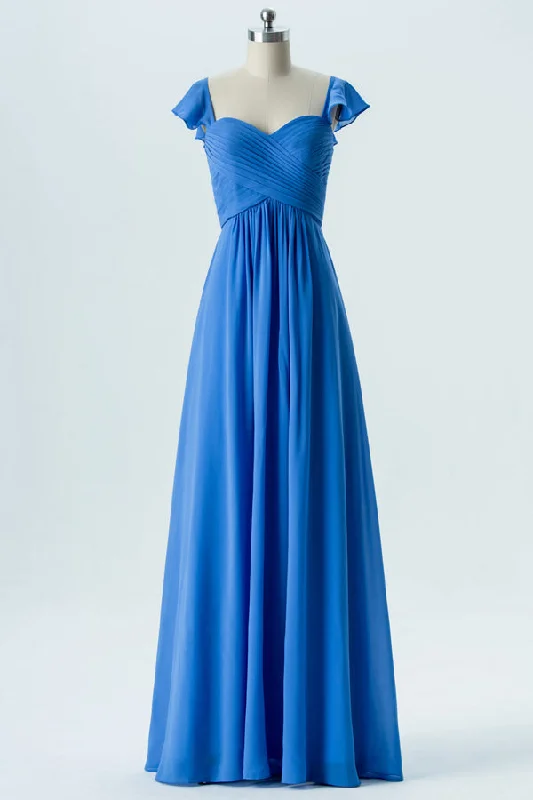 Women's Evening Apparel Wardrobe Refresh Cobalt Blue Chiffon Sweetheart Bridesmaid Dress with Cap Sleeves