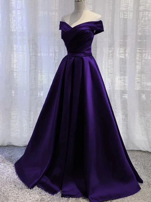 Casual Outfit For Women Chic Styles Off Shoulder Purple Satin Long Prom Dresses, Long Purple Formal Graduation Evening Dresses SP2540