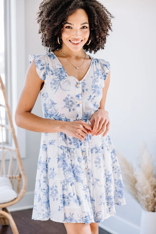 Classic Women's Apparel Update With Cottagecore Styles The Real You Ivory and Blue Floral Dress