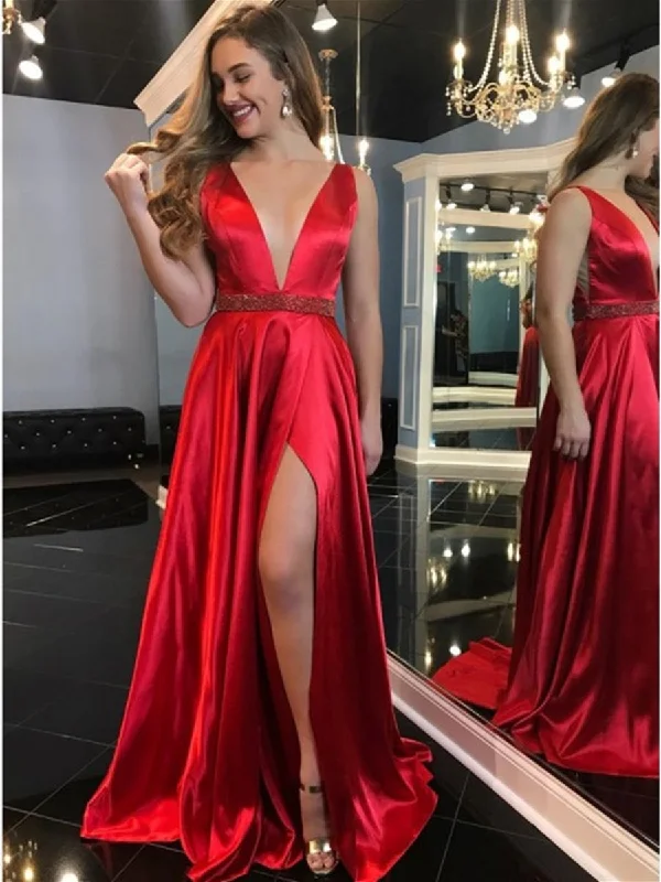 Women's Clothing For Travel Celebrate With Big Savings Elegant V Neck Red Satin Long Prom Dresses 2020 with High Slit, V Neck Red Formal Graduation Evening Dresses