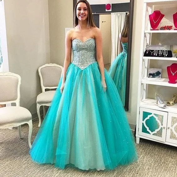 Women's Chic Outerwear Outfit Fashion Essentials Long Junior Blue Ball Gown Sweetheart Sleeveless Corset Beading Prom Dresses   cg14728