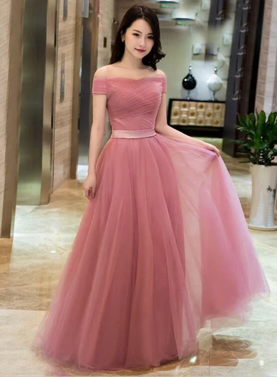 Women's Clothing Sets Limited-Time Offer Dark Pink Tulle Off Shoulder Bridesmaid Dress, Long Party Gown gh476