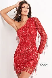 Women's Holiday Attire Special Offer Jovani 2645 short one shoulder cocktail dress fringe embellished fitted long sleeve