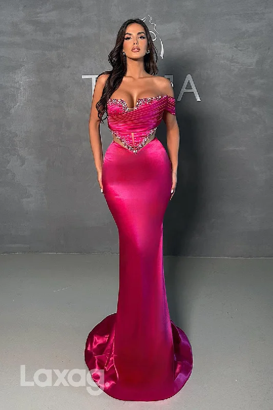 Women's Clothes For Outdoor Events Summer Splash Sale 22149 - Off Shoulder Beaded illusion Sleek Satin Mermaid Party Prom Formal Evening Dress