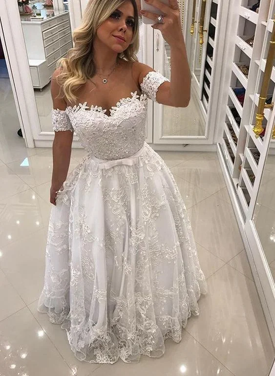 Women's Athletic Outfit Style Upgrade Modern White Beads Lace A-line Evening Dress | Off-the-shoulder Evening prom Gown   cg12403