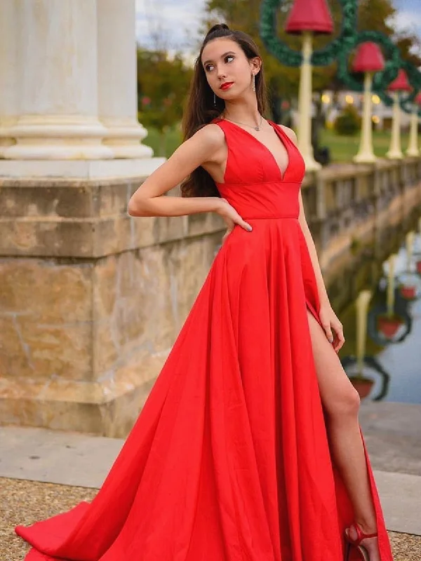 Women's Clothing For Casual Outings Wardrobe Update A Line V Neck Satin Long Red Prom Dresses with High Slit, V Neck Red Formal Dresses, Red Evening Dresses