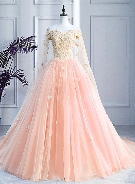 Affordable Women's Apparel Buy More, Save More Pink Off Shoulder Tulle With Flowers Ball Gown Sweet 16 Dress, Pink Quinceanera prom Dress   cg13927