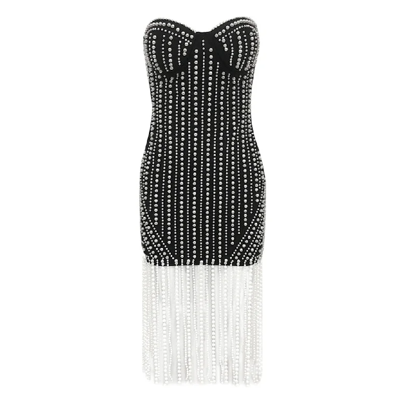 Women's Plus-Size Clothes Summer Fashion Luxury Strapless Bustier Bodycon Bandage Imitated Pearl Fringe Mini Dress