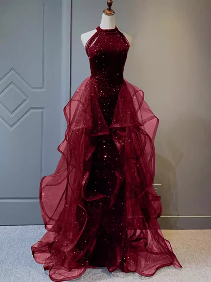 Stylish Women's Outfit Style Upgrade Burgundy/Black Shiny Bodycon Sequined Long Elegant Ball Gown Evening Dress gh3058