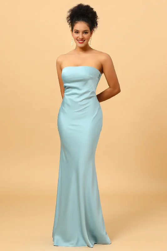 Women's Activewear Outfit Wardrobe Essentials Sky blue backless fish tail strapless and satin bridesmaid dress