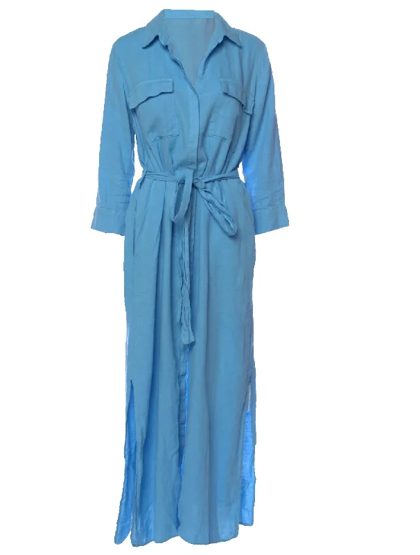 Elegant Women's Evening Garments Limited Time Deal L'Agence Women's Cameron Linen Blend Shirt Midi Dress, Blue Mist