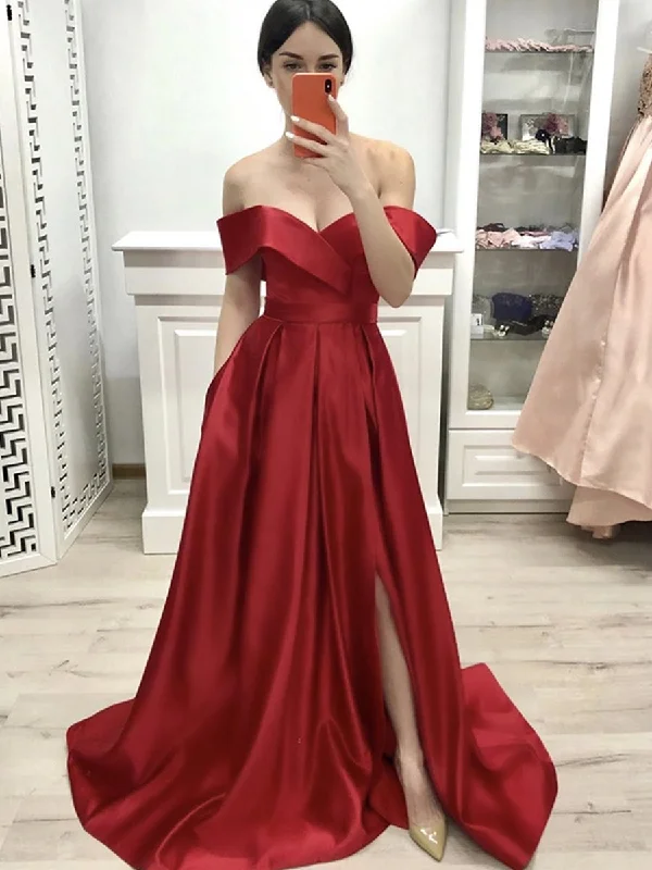 Women's Formal Event Clothing Fashion Sale Custom Made Off Shoulder Red Satin Long Prom Dresses with Slit, Off the Shoulder Red Formal Dresses, Red Evening Dresses