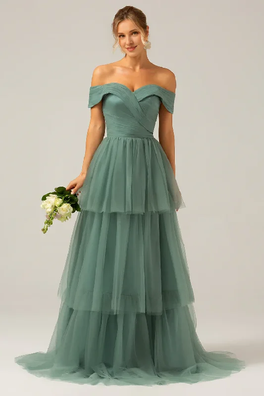 Women's Seasonal Wardrobe Clothing End - Of - Month Blowout Grey green A-line off shoulder pleated layered long bridesmaid dress