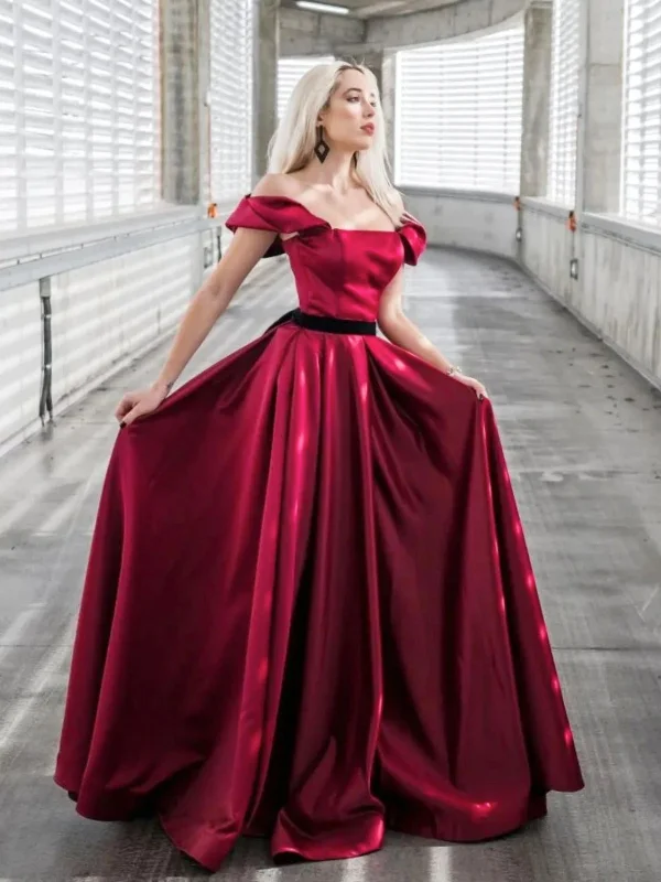 Women's Occasion Wear Clothing Spring Fashion Off Shoulder Burgundy Satin Long Prom Dresses, Off the Shoulder Formal Dresses, Burgundy Evening Dresses SP2546