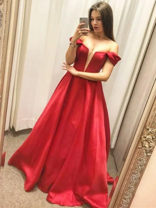 High-Fashion Women's Clothing Save On Inspired Styles V Neck Satin Off the Shoulder Long Red Prom Dresses, Off Shoulder Red Formal Dresses, Red Evening Dresses