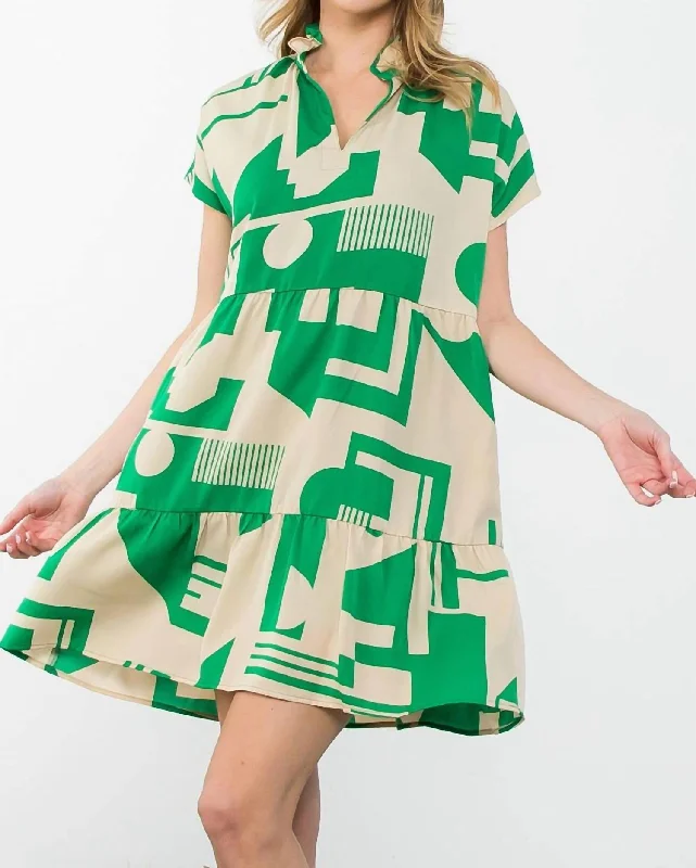 Women's Clothing Apparel Spring Fashion Short Sleeve Print Midi Dress In Green