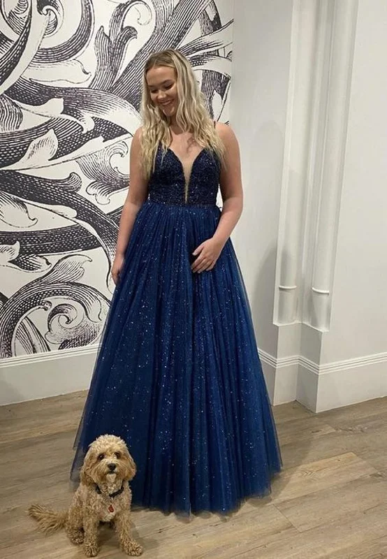 Women's Seasonal Clothes Latest Fashion Blue v neck tulle sequins long ball gown dress Prom Dresses   cg12973