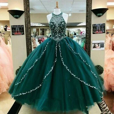 Women's Stylish Vacation Attire Wardrobe Refresh Hunter Green Halter Prom Dress , Formal Ball Gown   cg14380