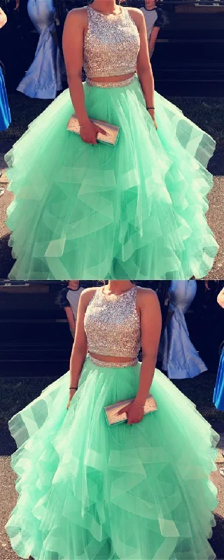 Women's Clothing Sets Fashion Forward Sparkly Sequins Beaded Organza Layered Ball Gowns Prom Dresses Two Piece     cg15496